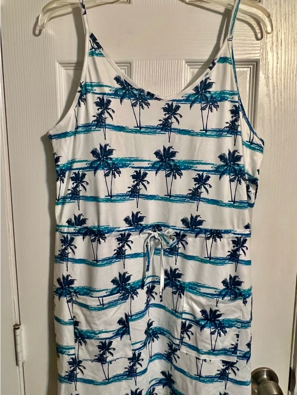 Sleeveless Palm Tree Print Summer Dress - White & Teal